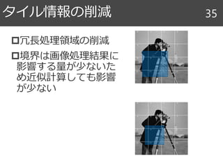 冗長処理領域の削減
境界は画像処理結果に
影響する量が少ないた
め近似計算しても影響
が少ない
タイル情報の削減 35
 