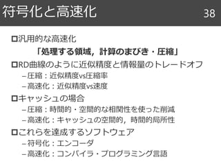 汎用的な高速化
「処理する領域，計算のまびき・圧縮」
RD曲線のように近似精度と情報量のトレードオフ
– 圧縮：近似精度vs圧縮率
– 高速化：近似精度vs速度
キャッシュの場合
– 圧縮：時間的・空間的な相関性を使った削減
– 高速化：キャッシュの空間的，時間的局所性
これらを達成するソフトウェア
– 符号化：エンコーダ
– 高速化：コンパイラ・プログラミング言語
符号化と高速化 38
 