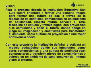 Visión : Para la próxima década la Institución Educativa San Luis estará orientada a formar una persona integra para formar una cultura de paz, a través de la resolución de conflictos, enmarcados en un ambiente de solidaridad, respeto mutuo, servicio al otro, disciplina de estudio y trabajo digno, con proyección a la comunidad y hacia el futuro, donde ponga en juego su imaginación y creatividad para transformar el ambiente  socio cultural en proyección a una mejor convivencia social. Con este propósito la institución definirá  y activará un modelo pedagógico donde sus integrantes como seres pertenecientes a una cultura determinada sean constructores y transformadores de conocimientos y valores en un ambiente de sana convivencia  interna y con el entorno. PROCESADO POR MUNDOZED 