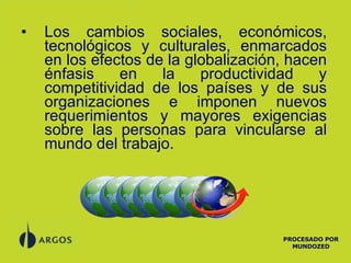 Los cambios sociales, económicos, tecnológicos y culturales, enmarcados en los efectos de la globalización, hacen énfasis en la productividad y competitividad de los países y de sus organizaciones e imponen nuevos requerimientos y mayores exigencias sobre las personas para vincularse al mundo del trabajo. PROCESADO POR MUNDOZED 
