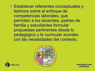 Establecer referentes conceptuales y teóricos sobre el enfoque de competencias laborales, que permitan a los docentes, padres de familia y estudiantes formular propuestas pertinentes desde lo pedagógico y lo curricular acordes con las necesidades del contexto. PROCESADO POR MUNDOZED 