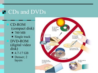 CDs and DVDs  CD-ROM  (compact disk) 700 MB Single track DVD-ROM  (digital video disk) 4.7-17 GB Denser; 2 layers 