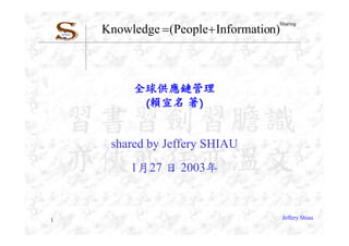 Knowledge  (People Information)
                                    Sharing




         全球供應鏈管理
          賴宣名 著


     shared by Jeffery SHIAU
         1月27 日 2003年



1                                       Jeffery Shiau