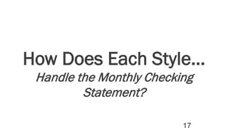 How Does Each Style…
Handle the Monthly Checking
Statement?
 