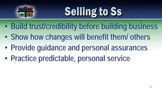 • Build trust/credibility before building business
• Show how changes will benefit them/ others
• Provide guidance and personal assurances
• Practice predictable, personal service
19
 