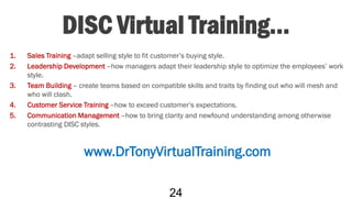 DISC Virtual Training…
1. Sales Training –adapt selling style to fit customer’s buying style.
2. Leadership Development –how managers adapt their leadership style to optimize the employees’ work
style.
3. Team Building – create teams based on compatible skills and traits by finding out who will mesh and
who will clash.
4. Customer Service Training –how to exceed customer’s expectations.
5. Communication Management –how to bring clarity and newfound understanding among otherwise
contrasting DISC styles.
www.DrTonyVirtualTraining.com
http://www.DrTonyVirtualTraining.com
24
 