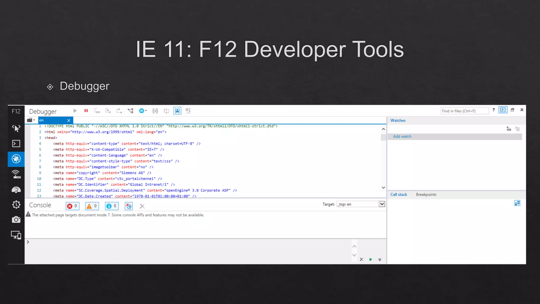 Internet Explorer 11 Enterprise Mode & F12 Developer Tools