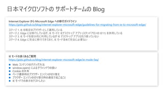 日本マイクロソフトの サポートチームの Blog
IE モードの良くあるご質問
https://jpdsi.github.io/blog/internet-explorer-microsoft-edge/ie-mode-faq/
Internet Explorer から Microsoft Edge への移行ガイドライン
https://jpdsi.github.io/blog/internet-explorer-microsoft-edge/guidelines-for-migrating-from-ie-to-microsoft-edge/
ステージ 1. IE を既定のブラウザーとして運用している
ステージ 2. Edge には移行しているが、IE モードと IEデスクトップ アプリ (スタンドアロンの IE11) を併用している
ステージ 3. IE モードを部分的に利用しているが IE デスクトップ アプリはもう使っていない
ステージ 4. Edge に完全に移行できており、IE モード含めて完全に必要ない
◼ Web コンテンツのデバッグ方法
◼ window.open() による子ウィンドウの扱い
◼ Cookie の共有
◼ ページ遷移時のブラウザー エンジンの切り替え
◼ ブラウザー エンジンの切り替え時の通信で起こること
◼ IE モードでの表示をテストしたい
 