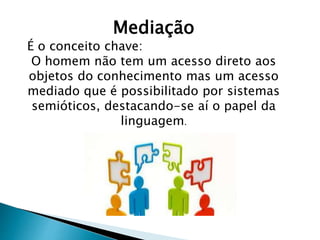 Mediação 
É o conceito chave: 
O homem não tem um acesso direto aos 
objetos do conhecimento mas um acesso 
mediado que é possibilitado por sistemas 
semióticos, destacando-se aí o papel da 
linguagem. 
 