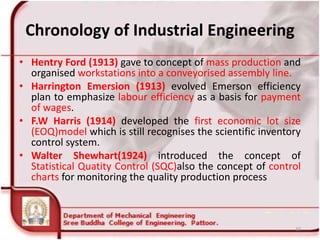 Chronology of Industrial Engineering
• Hentry Ford (1913) gave to concept of mass production and
organised workstations into a conveyorised assembly line.
• Harrington Emersion (1913) evolved Emerson efficiency
plan to emphasize labour efficiency as a basis for payment
of wages.
• F.W Harris (1914) developed the first economic lot size
(EOQ)model which is still recognises the scientific inventory
control system.
• Walter Shewhart(1924) introduced the concept of
Statistical Quatity Control (SQC)also the concept of control
charts for monitoring the quality production process
10
 
