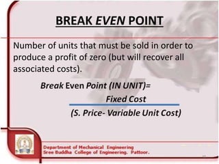 BREAK EVEN POINT
Number of units that must be sold in order to
produce a profit of zero (but will recover all
associated costs).
48
 