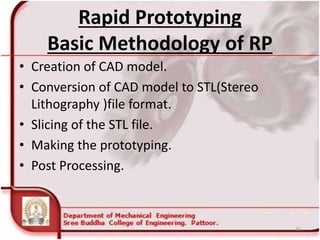 Rapid Prototyping
Basic Methodology of RP
• Creation of CAD model.
• Conversion of CAD model to STL(Stereo
Lithography )file format.
• Slicing of the STL file.
• Making the prototyping.
• Post Processing.
55
 