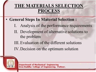 THE MATERIALS SELECTION
PROCESS
• General Steps In Material Selection :
I. Analysis of the performance requirements
II. Development of alternative solutions to
the problem
III. Evaluation of the different solutions
IV.Decision on the optimum solution
62
 
