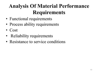 Analysis Of Material Performance
Requirements
• Functional requirements
• Process ability requirements
• Cost
• Reliability requirements
• Resistance to service conditions
63
 