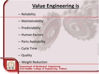 Value Engineering is
– Reliability
– Maintainability
– Predictability
– Human Factors
– Parts Availability
– Cycle Time
– Quality
– Weight Reduction
 