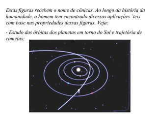 Estas figuras recebem o nome de cônicas. Ao longo da história da humanidade, o homem tem encontrado diversas aplicações úteis com base nas propriedades dessas figuras. Veja: - Estudo das órbitas dos planetas em torno do Sol e trajetória de cometas: 
