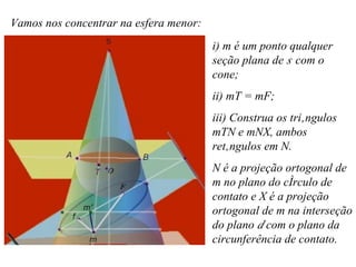 Vamos nos concentrar na esfera menor: i) m é um ponto qualquer seção plana de    com o cone; ii) mT = mF; iii) Construa os triângulos mTN e mNX, ambos retângulos em N. N é a projeção ortogonal de m no plano do círculo de contato e X é a projeção ortogonal de m na interseção do plano    com o plano da circunferência de contato. 