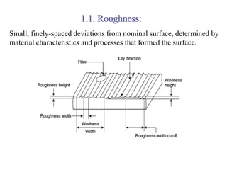 Small, finely-spaced deviations from nominal surface, determined by
material characteristics and processes that formed the surface.
 