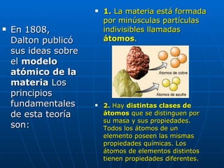 En 1808, Dalton publicó sus ideas sobre el  modelo atómico de la materia  Los principios fundamentales de esta teoría son: 1.  La materia está formada por minúsculas partículas indivisibles llamadas  átomos . 2.  Hay  distintas clases de átomos  que se distinguen por su masa y sus propiedades. Todos los átomos de un elemento poseen las mismas propiedades químicas. Los átomos de elementos distintos tienen propiedades diferentes. 
