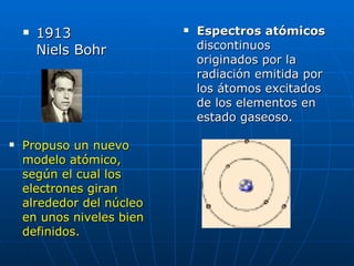 1913  Niels Bohr Espectros atómicos  discontinuos originados por la radiación emitida por los átomos excitados de los elementos en estado gaseoso.  Propuso un nuevo modelo atómico, según el cual los electrones giran alrededor del núcleo en unos niveles bien definidos.  