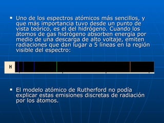 Uno de los espectros atómicos más sencillos, y que más importancia tuvo desde un punto de vista teórico, es el del hidrógeno. Cuando los átomos de gas hidrógeno absorben energía por medio de una descarga de alto voltaje, emiten radiaciones que dan lugar a 5 líneas en la región visible del espectro:   El modelo atómico de Rutherford no podía explicar estas emisiones discretas de radiación por los átomos.   