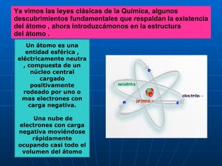 Ya vimos las leyes clásicas de la Química, algunos descubrimientos fundamentales que respaldan la existencia del átomo , ahora introduzcámonos en la estructura del átomo . Un átomo es una entidad esférica , eléctricamente neutra , compuesta de un núcleo central cargado positivamente rodeado por uno o mas electrones con carga negativa. Una nube de electrones con carga negativa moviéndose rápidamente ocupando casi todo el volumen del átomo 
