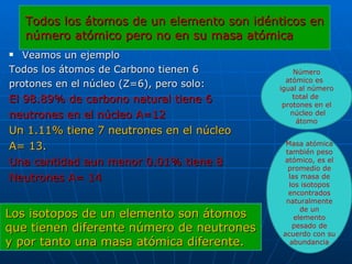 Veamos un ejemplo Todos los átomos de Carbono tienen 6  protones en el núcleo (Z=6), pero solo:  El 98.89% de carbono natural tiene 6  neutrones en el núcleo A=12 Un 1.11% tiene 7 neutrones en el núcleo A= 13. Una cantidad aun menor 0.01% tiene 8 Neutrones A= 14  Todos los átomos de un elemento son idénticos en número atómico pero no en su masa atómica  Número atómico  es  igual al número total de  protones en el núcleo del átomo Masa atómica también peso atómico, es el promedio de las masa de los isotopos encontrados naturalmente de un elemento pesado de acuerdo con su abundancia Los isotopos de un elemento son átomos que tienen diferente número de neutrones y por tanto una masa atómica diferente. 