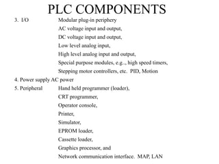 PLC COMPONENTS
3. I/O Modular plug-in periphery
AC voltage input and output,
DC voltage input and output,
Low level analog input,
High level analog input and output,
Special purpose modules, e.g.., high speed timers,
Stepping motor controllers, etc. PID, Motion
4. Power supply AC power
5. Peripheral Hand held programmer (loader),
CRT programmer,
Operator console,
Printer,
Simulator,
EPROM loader,
Cassette loader,
Graphics processor, and
Network communication interface. MAP, LAN
 