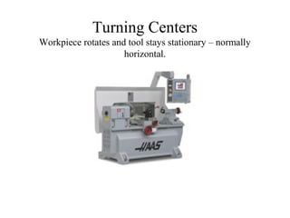 Turning Centers
Workpiece rotates and tool stays stationary – normally
horizontal.
 