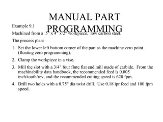 MANUAL PART
PROGRAMMINGExample 9.1
Machined from a 5" x 4" x 2" workpiece. low carbon steel.
The process plan:
1. Set the lower left bottom corner of the part as the machine zero point
(floating zero programming).
2. Clamp the workpiece in a vise.
3. Mill the slot with a 3/4" four flute flat end mill made of carbide. From the
machinability data handbook, the recommended feed is 0.005
inch/tooth/rev, and the recommended cutting speed is 620 fpm.
4. Drill two holes with a 0.75" dia twist drill. Use 0.18 ipr feed and 100 fpm
speed.
 