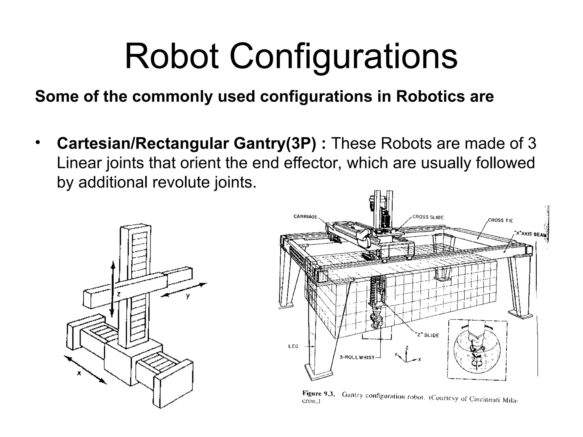 Robot Configurations
Some of the commonly used configurations in Robotics are
• Cartesian/Rectangular Gantry(3P) : These Robots are made of 3
Linear joints that orient the end effector, which are usually followed
by additional revolute joints.
 
