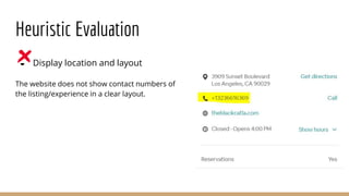 Heuristic Evaluation
● Display location and layout
The website does not show contact numbers of
the listing/experience in a clear layout.
 
