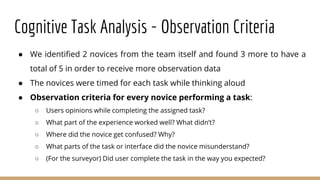 Cognitive Task Analysis - Observation Criteria
● We identified 2 novices from the team itself and found 3 more to have a
total of 5 in order to receive more observation data
● The novices were timed for each task while thinking aloud
● Observation criteria for every novice performing a task:
○ Users opinions while completing the assigned task?
○ What part of the experience worked well? What didn’t?
○ Where did the novice get confused? Why?
○ What parts of the task or interface did the novice misunderstand?
○ (For the surveyor) Did user complete the task in the way you expected?
 