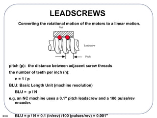 IE550
LEADSCREWS
Leadscrew
Pitch
Nut
Converting the rotational motion of the motors to a linear motion.
pitch (p): the distance between adjacent screw threads
the number of teeth per inch (n):
n = 1 / p
BLU: Basic Length Unit (machine resolution)
BLU = p / N
e.g. an NC machine uses a 0.1" pitch leadscrew and a 100 pulse/rev
encoder.
BLU = p / N = 0.1 (in/rev) /100 (pulses/rev) = 0.001"
 