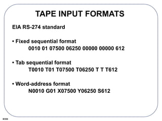 IE550
TAPE INPUT FORMATS
EIA RS-274 standard
• Fixed sequential format
0010 01 07500 06250 00000 00000 612
• Tab sequential format
T0010 T01 T07500 T06250 T T T612
• Word-address format
N0010 G01 X07500 Y06250 S612
 