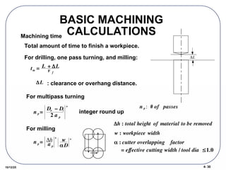 4- 30
10/12/25
BASIC MACHINING
CALCULATIONS

tm = L + L
v f
Machining time
Total amount of time to finish a workpiece.
For drilling, one pass turning, and milling:

L : clearance or overhang distance.
For multipass turning
n p =
Do – Di
2 a p
+
integer round up
For milling

n p = h
a p
+
w
 D
+
n p : # of passes

h : total height of material to be removed
w : workpiece width

 : cutter overlapping factor
= effective cutting width / tool dia 1.0
L
 