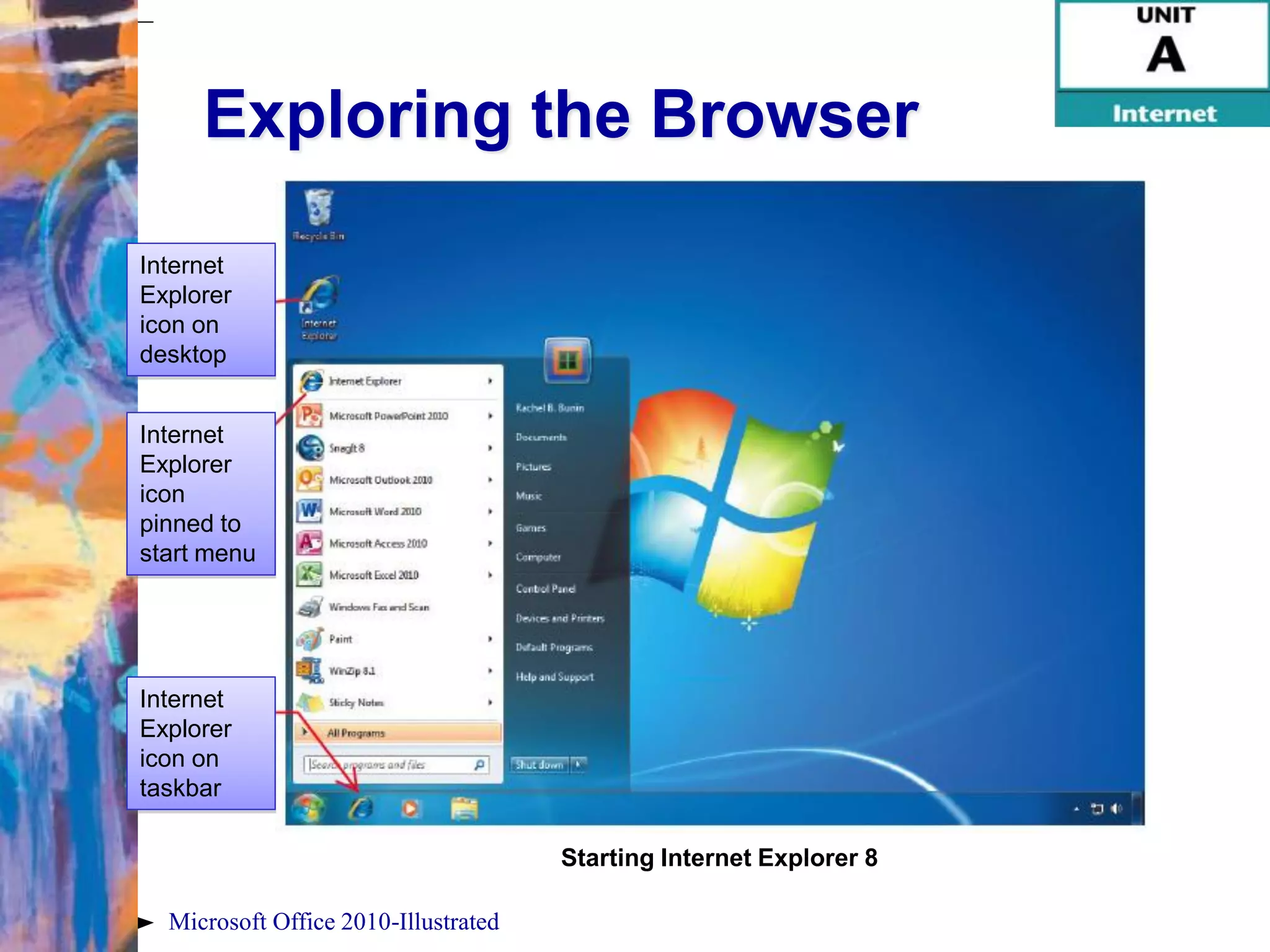 Exploring the Browser

Internet
Explorer
icon on
desktop


Internet
Explorer
icon
pinned to
start menu




Internet
Explorer
icon on
taskbar

                                      Starting Internet Explorer 8

  Microsoft Office 2010-Illustrated
 