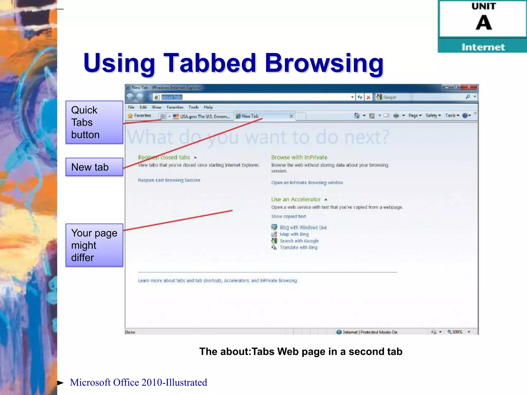 Using Tabbed Browsing
Quick
Tabs
button


New tab




Your page
might
differ




                               The about:Tabs Web page in a second tab

Microsoft Office 2010-Illustrated
 