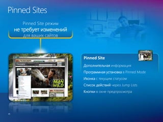 Pinned Site
Pinned Site режим
не требует изменений
для ваших сайтов
Pinned Sites
45
Дополнительная информация
Программная установка в Pinned Mode
Иконка с текущим статусом
Список действий через Jump Lists
Кнопки в окне предпросмотра
 