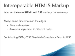 Participation to W3C Working GroupsHTML 5 WGDOM WGCSS WGSVG WGSVG Testing Task ForceHTML Testing Task ForceAccessibility Task Force…Microsoft and Web Standards