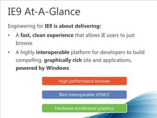 Demos/Script:IE8 & HTML5 and IE8 & Web StandardsNetwork connectivity (HTML 5)DOM Storage (HTML 5)Ajax Navigation (HTML 5)Native JSON (ECMA Script 5)CSS Selectors (Web Applications)Cross Domain Request (Web Applications)Cross Document Messaging (Web Applications)DOM Prototypes (DOM)IE8 and HTML 5