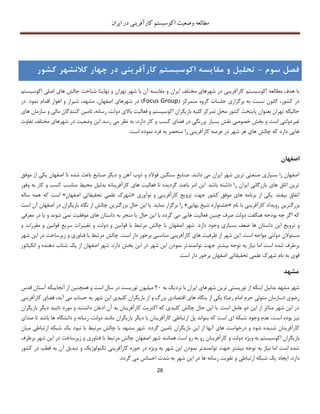 ‫اکوسیستم‬ ‫وضعیت‬ ‫مطالعه‬‫ایران‬ ‫در‬ ‫کارآفرینی‬
28
‫فصل‬‫سوم‬-‫تحل‬‫ی‬‫ل‬‫و‬‫مقا‬‫ی‬‫سه‬‫اکوس‬‫ی‬‫ستم‬‫کارآفر‬‫ی‬‫ن‬‫ی‬‫در‬‫چهار‬‫کالنشهر‬‫کشور‬
‫اکوسیستم‬ ‫اصلی‬ ‫های‬ ‫چالش‬ ‫شناخت‬ ‫نهایتا‬ ‫و‬ ‫تهران‬ ‫شهر‬ ‫با‬ ‫آن‬ ‫مقایسه‬ ‫و‬ ‫ایران‬ ‫مختلف‬ ‫شهرهای‬ ‫در‬ ‫کارآفرینی‬ ‫اکوسیستم‬ ‫مطالعه‬ ‫هدف‬ ‫با‬
‫گر‬ ‫جلسات‬ ‫برگزاری‬ ‫به‬ ‫نسبت‬ ‫کانون‬ ،‫کشور‬ ‫در‬( ‫متمرکز‬ ‫وه‬Focus Group‫در‬ .‫نمود‬ ‫اقدام‬ ‫اهواز‬ ‫و‬ ‫شیراز‬ ،‫مشهد‬ ،‫اصفهان‬ ‫شهرهای‬ ‫در‬ )
‫های‬ ‫سازمان‬ ‫و‬ ‫مالی‬ ‫کنندگان‬ ‫تامین‬ ،‫رسانه‬ ،‫دولت‬ ‫باالی‬ ‫فعالیت‬ ‫و‬ ‫اکوسیستم‬ ‫بازیگران‬ ‫کلیه‬ ‫تمرکز‬ ‫محل‬ ‫کشور‬ ‫پایتخت‬ ‫بعنوان‬ ‫تهران‬ ‫حالیکه‬
‫کسب‬ ‫فضای‬ ‫در‬ ‫پررنگی‬ ‫بسیار‬ ‫نقش‬ ‫خصوصی‬ ‫بخش‬ ‫و‬ ‫است‬ ‫غیردولتی‬‫تفاوت‬ ‫مختلف‬ ‫شهرهای‬ ‫در‬ ‫وضعیت‬ ‫این‬ ‫رسد‬ ‫می‬ ‫نظر‬ ‫به‬ ،‫دارد‬ ‫کار‬ ‫و‬
.‫است‬ ‫نموده‬ ‫فرد‬ ‫به‬ ‫منحصر‬ ‫را‬ ‫کارآفرینی‬ ‫عرصه‬ ‫در‬ ‫شهر‬ ‫هر‬ ‫های‬ ‫چالش‬ ‫که‬ ‫دارد‬ ‫هایی‬
‫اصفهان‬
‫م‬ ‫از‬ ‫یکی‬ ‫اصفهان‬ ‫تا‬ ‫شده‬ ‫باعث‬ ‫صنایع‬ ‫دیگر‬ ‫و‬ ‫آهن‬ ‫ذوب‬ ‫و‬ ‫فوالد‬ ‫سنگین‬ ‫صنایع‬ .‫دانند‬ ‫می‬ ‫ایران‬ ‫شهر‬ ‫ترین‬ ‫صنعتی‬ ‫بسیاری‬ ‫را‬ ‫اصفهان‬‫و‬‫فق‬
‫وفور‬ ‫به‬ ‫کار‬ ‫و‬ ‫کسب‬ ‫مناسب‬ ‫محیط‬ ‫بدلیل‬ ‫کارآفرینانه‬ ‫های‬ ‫فعالیت‬ ‫تا‬ ‫گردیده‬ ‫باعث‬ ‫امر‬ ‫این‬ .‫باشد‬ ‫داشته‬ ‫را‬ ‫ایران‬ ‫بازرگانی‬ ‫های‬ ‫اتاق‬ ‫ترین‬
‫نوآوری‬ ‫و‬ ‫کارآفرینی‬ ‫ترویﺞ‬ ‫جهت‬ ‫کشور‬ ‫موفق‬ ‫های‬ ‫برنامه‬ ‫از‬ ‫یکی‬ .‫بیفتد‬ ‫اتفاق‬«‫اصفهان‬ ‫تحقیقاتی‬ ‫علمی‬ ‫شهرك‬»‫ساله‬ ‫همه‬ ‫که‬ ‫است‬
‫روید‬ ‫بزرگترین‬‫نام‬ ‫با‬ ‫کارآفرینی‬ ‫اد‬«‫بهایی‬ ‫شیخ‬ ‫جشنواره‬»‫است‬ ‫آن‬ ‫اصفهان‬ ‫در‬ ‫بازیگران‬ ‫نگاه‬ ‫از‬ ‫چالش‬ ‫بزرگترین‬ ‫حال‬ ‫این‬ ‫با‬ .‫نماید‬ ‫برگزار‬ ‫را‬
‫معرفی‬ ‫در‬ ‫یا‬ ‫و‬ ‫شوند‬ ‫نمی‬ ‫موفقیت‬ ‫های‬ ‫داستان‬ ‫به‬ ‫منجر‬ ‫یا‬ ‫حال‬ ‫این‬ ‫با‬ ‫گردد‬ ‫می‬ ‫هایی‬ ‫فعالیت‬ ‫چنین‬ ‫صرف‬ ‫دولت‬ ‫هنگفت‬ ‫بودجه‬ ‫چه‬ ‫اگر‬ ‫که‬
‫ها‬ ‫داستان‬ ‫این‬ ‫ترویﺞ‬ ‫و‬.‫دارد‬ ‫وجود‬ ‫بسیاری‬ ‫ضعف‬‫و‬ ‫مقررات‬ ‫و‬ ‫قوانین‬ ‫سریع‬ ‫تغییرات‬ ‫و‬ ‫دولت‬ ‫و‬ ‫قوانین‬ ‫با‬ ‫مرتبط‬ ‫چالش‬ ‫با‬ ‫اصفهان‬ ‫شهر‬
‫از‬ ‫شهر‬ ‫این‬ .‫است‬ ‫مواجه‬ ‫دولتی‬ ‫مسئوالن‬‫ظ‬‫است‬ ‫دار‬ ‫برخور‬ ‫مناسبی‬ ‫کارآفرینی‬ ‫های‬ ‫رفیت‬.‫شهر‬ ‫این‬ ‫در‬ ‫زیرساخت‬ ‫و‬ ‫فناوری‬ ‫با‬ ‫مرتبط‬ ‫چالش‬
‫ج‬ ‫بیشتر‬ ‫توجه‬ ‫به‬ ‫نیاز‬ ‫اما‬ ‫است‬ ‫شده‬ ‫برطرف‬‫انکباتور‬ ‫و‬ ‫دهنده‬ ‫شتاب‬ ‫یک‬ ‫از‬ ‫اصفهان‬ ‫شهر‬ .‫دارد‬ ‫بخش‬ ‫این‬ ‫در‬ ‫شهر‬ ‫این‬ ‫نمودن‬ ‫توانمندتر‬ ‫هت‬
.‫است‬ ‫دار‬ ‫برخور‬ ‫اصفهان‬ ‫تحقیقاتی‬ ‫علمی‬ ‫شهرك‬ ‫نام‬ ‫به‬ ‫قوی‬
‫مشهد‬
‫به‬ ‫نزدیک‬ ‫با‬ ‫ایران‬ ‫شهرهای‬ ‫ترین‬ ‫توریستی‬ ‫از‬ ‫اینکه‬ ‫بدلیل‬ ‫مشهد‬ ‫شهر‬21‫آستا‬ ‫آنجاییکه‬ ‫از‬ ‫همچنین‬ ‫و‬ ‫است‬ ‫سال‬ ‫در‬ ‫توریست‬ ‫میلیون‬‫قدس‬ ‫ن‬
‫کارآفرینی‬ ‫فضای‬ ،‫آید‬ ‫می‬ ‫حساب‬ ‫به‬ ‫شهر‬ ‫این‬ ‫کلیدی‬ ‫بازیگران‬ ‫از‬ ‫و‬ ‫بزرگ‬ ‫اقتصادی‬ ‫های‬ ‫بنگاه‬ ‫از‬ ‫یکی‬ )‫رضا‬ ‫امام‬ ‫حرم‬ ‫متولی‬ ‫(سازمان‬ ‫رضوی‬
‫بازیگران‬ ‫دیگر‬ ‫تایید‬ ‫مورد‬ ‫و‬ ‫داشتند‬ ‫اذعان‬ ‫آن‬ ‫به‬ ‫کارآفرینان‬ ‫اکثریت‬ ‫که‬ ‫کلیدی‬ ‫چالش‬ ‫حال‬ ‫این‬ ‫با‬ .‫است‬ ‫عامل‬ ‫دو‬ ‫این‬ ‫از‬ ‫متاثر‬ ‫شهر‬ ‫این‬ ‫در‬
‫نی‬‫صدای‬ ‫تا‬ ‫باشد‬ ‫ها‬ ‫دانشگاه‬ ‫و‬ ‫رسانه‬ ،‫دولت‬ ‫مانند‬ ‫بازیگران‬ ‫دیگر‬ ‫با‬ ‫کارآفرینان‬ ‫ارتباطی‬ ‫پل‬ ‫بتواند‬ ‫که‬ ‫است‬ ‫ای‬ ‫شبکه‬ ‫وجود‬ ‫عدم‬ ،‫است‬ ‫بوده‬ ‫ز‬
.‫گردد‬ ‫تامین‬ ‫بازیگران‬ ‫این‬ ‫از‬ ‫آنها‬ ‫های‬ ‫درخواست‬ ‫و‬ ‫شود‬ ‫شنیده‬ ‫کارآفرینان‬‫میان‬ ‫ارتباطی‬ ‫شبکه‬ ‫یک‬ ‫نبود‬ ‫با‬ ‫مرتبط‬ ‫چالش‬ ‫با‬ ‫مشهد‬ ‫شهر‬
‫ا‬ ‫بازیگران‬‫برطرف‬ ‫شهر‬ ‫این‬ ‫در‬ ‫زیرساخت‬ ‫و‬ ‫فناوری‬ ‫با‬ ‫مرتبط‬ ‫چالش‬ ‫اصفهان‬ ‫شهر‬ ‫همانند‬ ‫است‬ ‫رو‬ ‫به‬ ‫رو‬ ‫کارآفرینان‬ ‫و‬ ‫دولت‬ ‫ویژه‬ ‫به‬ ‫کوسیستم‬
‫کشور‬ ‫در‬ ‫قطب‬ ‫به‬ ‫آن‬ ‫تبدیل‬ ‫و‬ ‫تکنولوژیک‬ ‫کارآفرینی‬ ‫حوزه‬ ‫در‬ ‫ویژه‬ ‫به‬ ‫شهر‬ ‫این‬ ‫نمودن‬ ‫توانمندتر‬ ‫جهت‬ ‫بیشتر‬ ‫توجه‬ ‫به‬ ‫نیاز‬ ‫اما‬ ‫است‬ ‫شده‬
‫ار‬ ‫شبکه‬ ‫یک‬ ‫ایجاد‬ .‫دارد‬.‫گردد‬ ‫می‬ ‫احساس‬ ‫شدت‬ ‫به‬ ‫شهر‬ ‫این‬ ‫در‬ ‫ها‬ ‫رسانه‬ ‫تقویت‬ ‫و‬ ‫تباطی‬
 