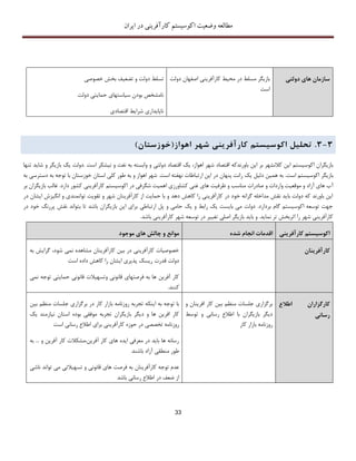 ‫اکوسیستم‬ ‫وضعیت‬ ‫مطالعه‬‫ایران‬ ‫در‬ ‫کارآفرینی‬
33
‫تسلط‬‫خصوصی‬ ‫بخش‬ ‫تضعیف‬ ‫و‬ ‫دولت‬
‫دولت‬ ‫حمایتی‬ ‫سیاستهای‬ ‫بودن‬ ‫نامشخص‬
‫اقتصادی‬ ‫شرایط‬ ‫ناپایداری‬
‫محیط‬ ‫در‬ ‫مسلط‬ ‫بازیگر‬‫کارآفرینی‬‫دول‬ ‫اصفهان‬‫ت‬
‫است‬
‫دولتی‬ ‫های‬ ‫سازمان‬
3-3.‫تحل‬‫ی‬‫ل‬‫اکوس‬‫ی‬‫ستم‬‫کارآفر‬‫ی‬‫ن‬‫ی‬‫شهر‬‫اهواز‬(‫خوزستان‬)
‫اکوسی‬ ‫بازیگران‬‫باورندکه‬ ‫این‬ ‫بر‬ ‫کالنشهر‬ ‫این‬ ‫ستم‬‫اقتصاد‬‫یک‬ ،‫اهواز‬ ‫شهر‬‫دولتی‬ ‫اقتصاد‬‫و‬‫و‬ ‫نفت‬ ‫به‬ ‫وابسته‬‫نی‬‫و‬ ‫بازیگر‬ ‫یک‬ ‫.دولت‬ ‫است‬ ‫شکر‬‫تنها‬ ‫شاید‬
‫بازیگر‬‫پنهان‬ ‫رانت‬ ‫یک‬ ‫دلیل‬ ‫همین‬ ‫به‬ .‫است‬ ‫اکوسیستم‬‫ارتباطات‬ ‫این‬ ‫در‬.‫است‬ ‫نهفته‬‫به‬ ‫دسترسی‬ ‫به‬ ‫توجه‬ ‫با‬ ‫خوزستان‬ ‫استان‬ ‫کلی‬ ‫طور‬ ‫به‬ ‫و‬ ‫اهواز‬ ‫شهر‬
‫آ‬‫بازیگران‬ ‫غالب‬ .‫دارد‬ ‫کشور‬ ‫کارآفرینی‬ ‫اکوسیستم‬ ‫در‬ ‫شگرفی‬ ‫اهمیت‬ ‫کشاورزی‬ ‫غنی‬ ‫های‬ ‫ظرفیت‬ ‫و‬ ‫مناسب‬ ‫صادرات‬ ‫و‬ ‫واردات‬ ‫موقعیت‬ ‫و‬ ‫آزاد‬ ‫های‬ ‫ب‬‫ب‬‫ر‬
‫انگیزش‬ ‫و‬ ‫توانمندی‬ ‫تقویت‬ ‫و‬ ‫شهر‬ ‫کارآفرینان‬ ‫از‬ ‫حمایت‬ ‫با‬ ‫و‬ ‫دهد‬ ‫کاهش‬ ‫را‬ ‫کارآفرینی‬ ‫در‬ ‫خود‬ ‫گرانه‬ ‫مداخله‬ ‫نقش‬ ‫باید‬ ‫دولت‬ ‫که‬ ‫باورند‬ ‫این‬‫ایش‬‫در‬ ‫ان‬
‫در‬ ‫خود‬ ‫پررنگ‬ ‫نقش‬ ‫بتواند‬ ‫تا‬ ‫باشد‬ ‫بازیگران‬ ‫این‬ ‫برای‬ ‫ارتباطی‬ ‫پل‬ ‫و‬ ‫حامی‬ ‫یک‬ ‫و‬ ‫رابط‬ ‫یک‬ ‫بایست‬ ‫می‬ ‫دولت‬ .‫بردارد‬ ‫گام‬ ‫اکوسیستم‬ ‫توسعه‬ ‫جهت‬
.‫باشد‬ ‫کارآفرینی‬ ‫شهر‬ ‫توسعه‬ ‫در‬ ‫تغییر‬ ‫اصلی‬ ‫بازیگر‬ ‫باید‬ ‫و‬ .‫نماید‬ ‫تر‬ ‫اثربخش‬ ‫را‬ ‫شهر‬ ‫کارآفرینی‬
‫ها‬ ‫چالش‬ ‫و‬ ‫موانع‬‫موجود‬ ‫ی‬ ‫انجام‬ ‫اقدمات‬‫شده‬ ‫کارآفرینی‬ ‫اکوسیستم‬
‫به‬ ‫گرایش‬ ،‫شود‬ ‫نمی‬ ‫مشاهده‬ ‫کارآفرینان‬ ‫بین‬ ‫در‬ ‫کارآفرینی‬ ‫خصوصیات‬
‫است‬ ‫داده‬ ‫کاهش‬ ‫را‬ ‫ایشان‬ ‫پذیری‬ ‫ریسک‬ ‫قدرت‬ ‫دولت‬
‫نمی‬ ‫توجه‬ ‫حمایتی‬ ‫قانونی‬ ‫وتسهیالت‬ ‫قانونی‬ ‫فرصتهای‬ ‫به‬ ‫ها‬ ‫آفرین‬ ‫کار‬
.‫کنند‬
‫کارآفرینان‬
‫در‬ ‫کار‬ ‫بازار‬ ‫روزنامه‬ ‫تجربه‬ ‫اینکه‬ ‫به‬ ‫توجه‬ ‫با‬‫بین‬ ‫منظم‬ ‫جلسات‬ ‫برگزاری‬
‫یک‬ ‫نیازمند‬ ‫استان‬ ‫بوده‬ ‫موفقی‬ ‫تجربه‬ ‫بازیگران‬ ‫دیگر‬ ‫و‬ ‫ها‬ ‫افرین‬ ‫کار‬
‫است‬ ‫رسانی‬ ‫اطالع‬ ‫برای‬ ‫کارآفرینی‬ ‫حوزه‬ ‫در‬ ‫تخصصی‬ ‫روزنامه‬
‫به‬ ... ‫و‬ ‫آفرین‬ ‫کار‬ ‫آفرین،مشکالت‬ ‫کار‬ ‫های‬ ‫ایده‬ ‫معرفی‬ ‫در‬ ‫باید‬ ‫ها‬ ‫رسانه‬
‫باشند‬ ‫آزاد‬ ‫منطقی‬ ‫طور‬
‫فرصت‬ ‫به‬ ‫کارآفرینان‬ ‫توجه‬ ‫عدم‬‫ناشی‬ ‫تواند‬ ‫می‬ ‫تسهیالتی‬ ‫و‬ ‫قانونی‬ ‫های‬
‫باشد‬ ‫رسانی‬ ‫اطالع‬ ‫در‬ ‫ضعف‬ ‫از‬
‫افرین‬ ‫کار‬ ‫بین‬ ‫منظم‬ ‫جلسات‬ ‫برگزاری‬‫ا‬‫ن‬‫و‬
‫توسط‬ ‫و‬ ‫رسانی‬ ‫اطالع‬ ‫با‬ ‫بازیگران‬ ‫دیگر‬
‫کار‬ ‫بازار‬ ‫روزنامه‬
‫اطالع‬ ‫کارگزاران‬
‫رسانی‬
 