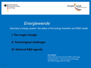 Energiewende
Germany‘s energy system, the status of the energy transition and R&D needs
Jens Winkler
Federal Ministry for Economic Affairs and Energy
Energy Research – General Issues and Strategy
IEA ETSAP Stuttgart Nov 7th 2018
18-11-17
I: The magic triangle
II: Technological challenges
III: National R&D agenda
 