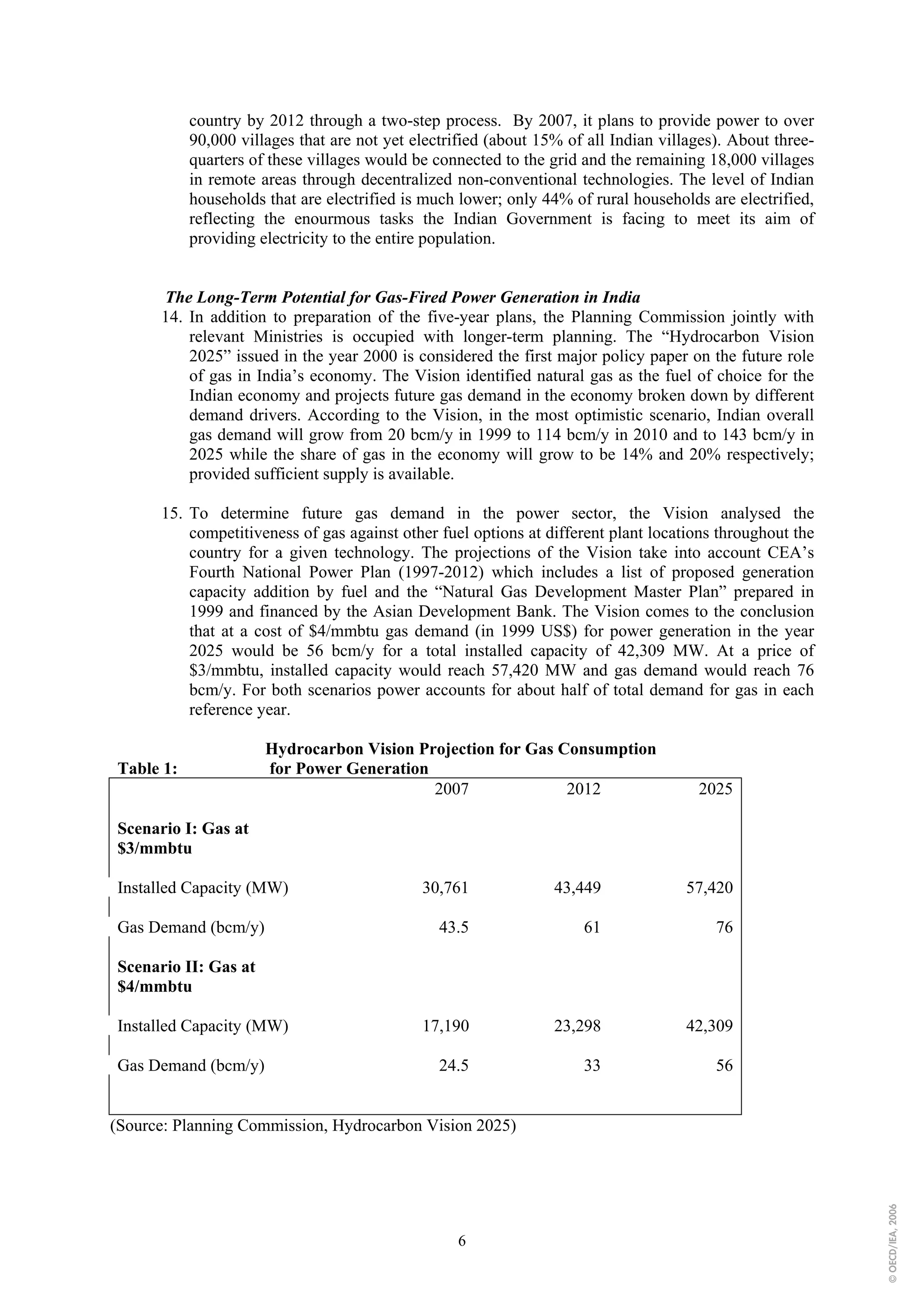 country by 2012 through a two-step process. By 2007, it plans to provide power to over
           90,000 villages that are not yet electrified (about 15% of all Indian villages). About three-
           quarters of these villages would be connected to the grid and the remaining 18,000 villages
           in remote areas through decentralized non-conventional technologies. The level of Indian
           households that are electrified is much lower; only 44% of rural households are electrified,
           reflecting the enourmous tasks the Indian Government is facing to meet its aim of
           providing electricity to the entire population.


      The Long-Term Potential for Gas-Fired Power Generation in India
      14. In addition to preparation of the five-year plans, the Planning Commission jointly with
          relevant Ministries is occupied with longer-term planning. The “Hydrocarbon Vision
          2025” issued in the year 2000 is considered the first major policy paper on the future role
          of gas in India’s economy. The Vision identified natural gas as the fuel of choice for the
          Indian economy and projects future gas demand in the economy broken down by different
          demand drivers. According to the Vision, in the most optimistic scenario, Indian overall
          gas demand will grow from 20 bcm/y in 1999 to 114 bcm/y in 2010 and to 143 bcm/y in
          2025 while the share of gas in the economy will grow to be 14% and 20% respectively;
          provided sufficient supply is available.

      15. To determine future gas demand in the power sector, the Vision analysed the
          competitiveness of gas against other fuel options at different plant locations throughout the
          country for a given technology. The projections of the Vision take into account CEA’s
          Fourth National Power Plan (1997-2012) which includes a list of proposed generation
          capacity addition by fuel and the “Natural Gas Development Master Plan” prepared in
          1999 and financed by the Asian Development Bank. The Vision comes to the conclusion
          that at a cost of $4/mmbtu gas demand (in 1999 US$) for power generation in the year
          2025 would be 56 bcm/y for a total installed capacity of 42,309 MW. At a price of
          $3/mmbtu, installed capacity would reach 57,420 MW and gas demand would reach 76
          bcm/y. For both scenarios power accounts for about half of total demand for gas in each
          reference year.

                      Hydrocarbon Vision Projection for Gas Consumption
Table 1:              for Power Generation
                                           2007              2012                     2025

Scenario I: Gas at
$3/mmbtu

Installed Capacity (MW)                      30,761              43,449             57,420

Gas Demand (bcm/y)                              43.5                 61                  76

Scenario II: Gas at
$4/mmbtu

Installed Capacity (MW)                      17,190              23,298             42,309

Gas Demand (bcm/y)                              24.5                 33                  56


(Source: Planning Commission, Hydrocarbon Vision 2025)
                                                                                                           © OECD/IEA, 2006




                                                   6
 