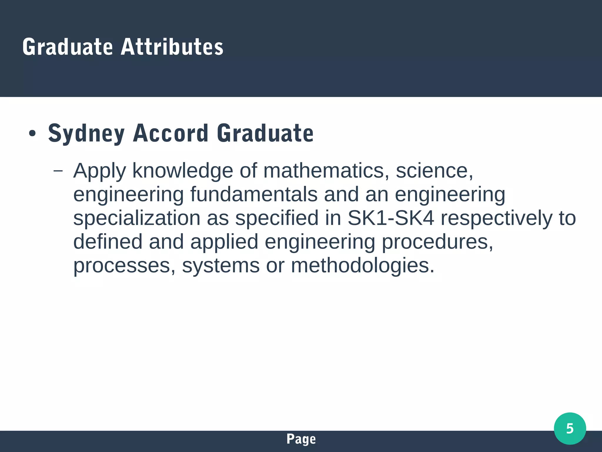 Page
5
Graduate Attributes
● Sydney Accord Graduate
– Apply knowledge of mathematics, science,
engineering fundamentals and an engineering
specialization as specified in SK1-SK4 respectively to
defined and applied engineering procedures,
processes, systems or methodologies.
 