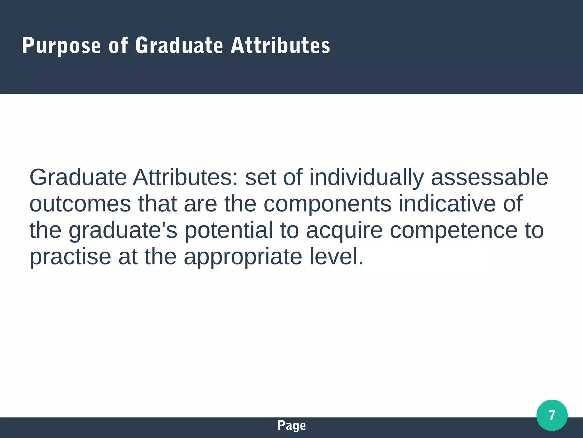 Page
7
Purpose of Graduate Attributes
Graduate Attributes: set of individually assessable
outcomes that are the components indicative of
the graduate's potential to acquire competence to
practise at the appropriate level.
 