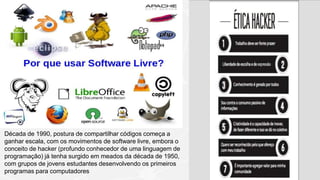 Década de 1990, postura de compartilhar códigos começa a
ganhar escala, com os movimentos de software livre, embora o
conceito de hacker (profundo conhecedor de uma linguagem de
programação) já tenha surgido em meados da década de 1950,
com grupos de jovens estudantes desenvolvendo os primeiros
programas para computadores
 