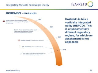 www.iea-retd.org 19
JEPX – Japanese Electricity Power Exchanges
first established, creating a platform for spot and
forward trading.
Electric Power System Council of Japan –
Created as an independent body to support
transmission and distribution operations.
VRE incentives – Feed in Tariff introduced.
2003
2004
2009
2012
Intraday trading – Intraday trading introduced.
Grid code – Fault ride through required for grid
connected solar and wind generation sources.
$Dispatch sophistication
System services market
Regulator incentives on
SO
Grid representation
Use of forecasting
Interconnector
Grid code
VRE incentives and
Hokkaido is has a
vertically integrated
utility (HEPCO). This
is a fundamentally
different regulatory
regime, for which our
assessment is not
applicable
Integrating Variable Renewable Energy
HOKKAIDO - measures
 