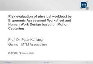 Risk evaluation of physical workload by
Ergonomic Assessment Worksheet and
Human Work Design based on Motion
Capturing
Prof. Dr. Peter Kuhlang
German MTM Association
IEA2018, Florence, Italy
IEA 2018© DMTMV 1
 